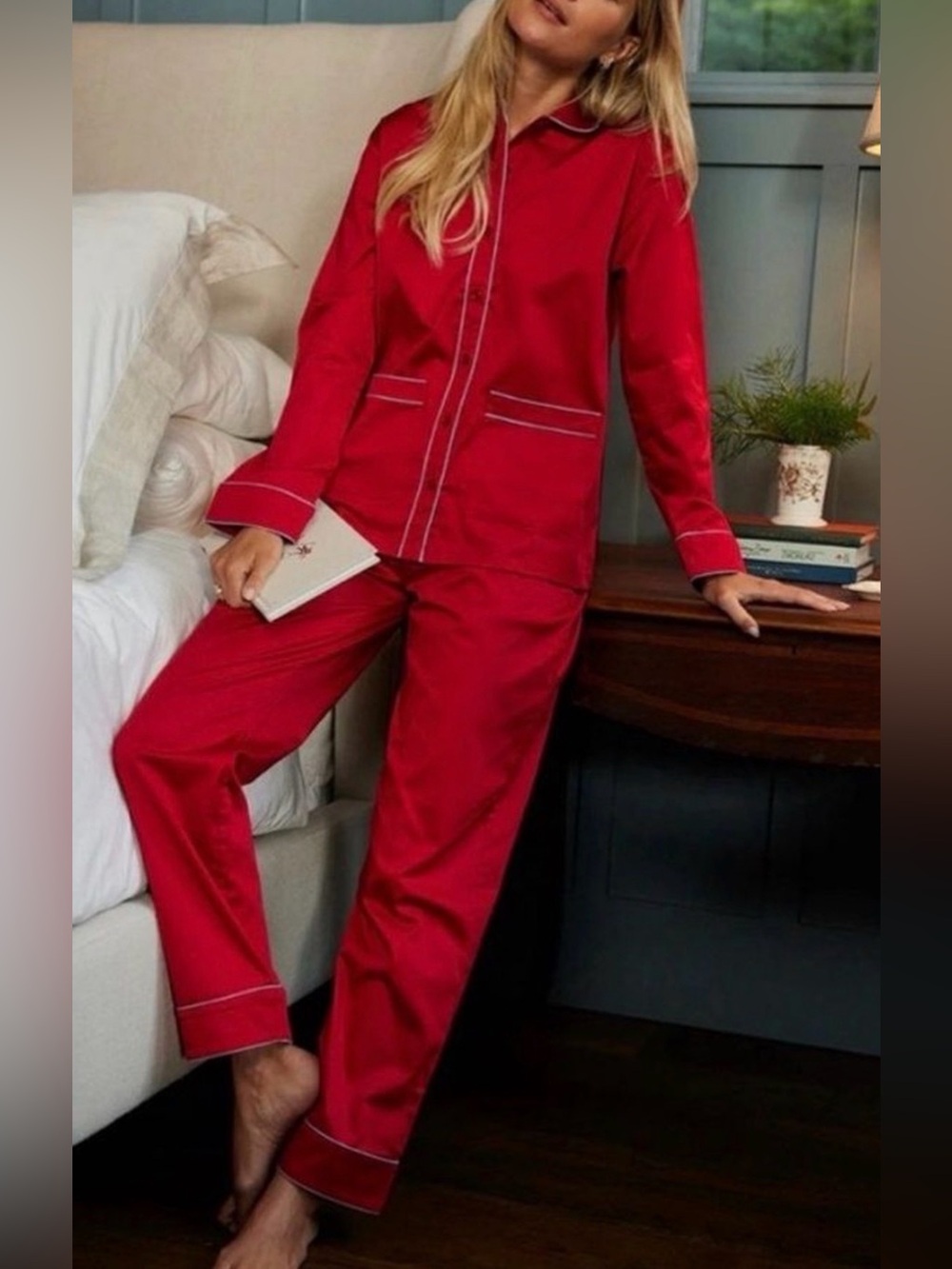 LAKE Poplin Piped Pajama Pants Set - Scarlet. Size XXS